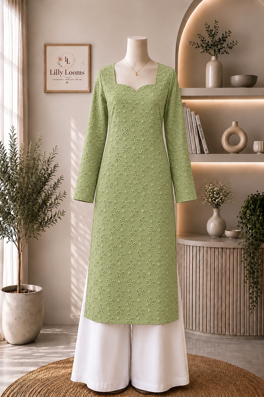 Pista Green Cotton Hakoba Long Straight Kurti