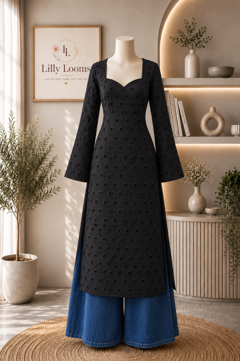 Black Cotton Hakoba Long Straight Kurti