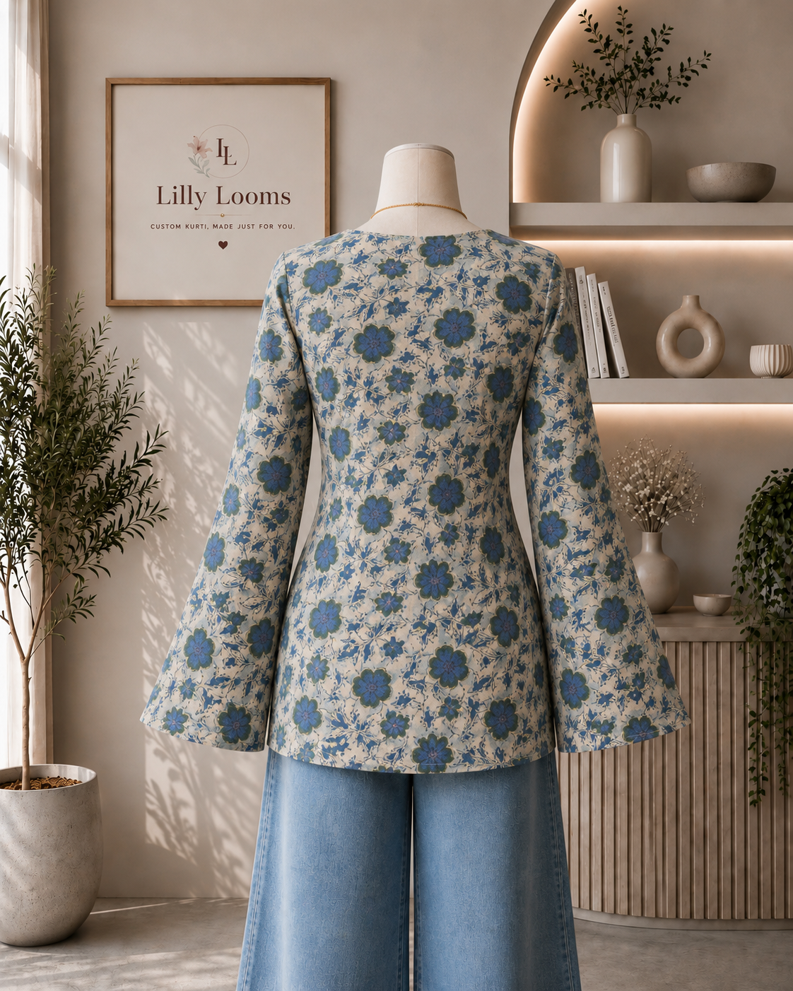 Azure Bloom Handblock Printed Cotton Short Kurti
