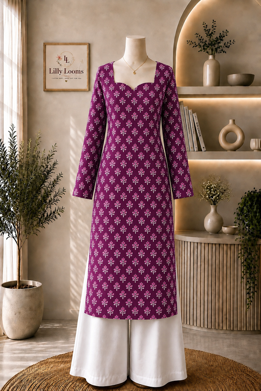 Deep Pink Cotton Long Straight Kurti