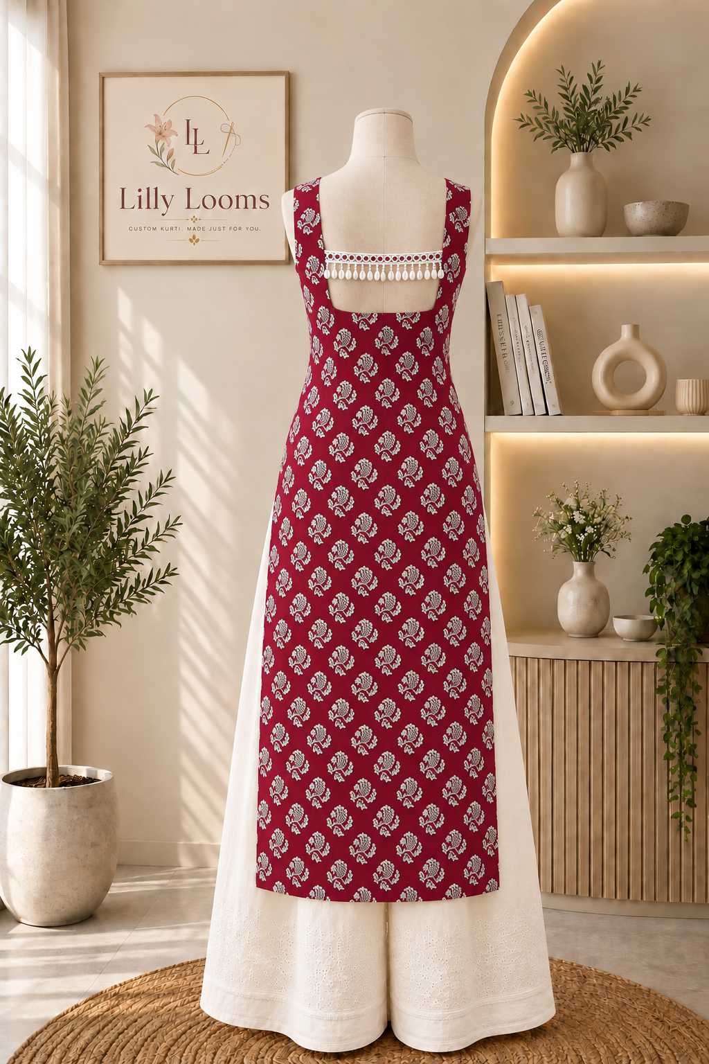 Deep Pink Backless Cotton Long Straight Kurti