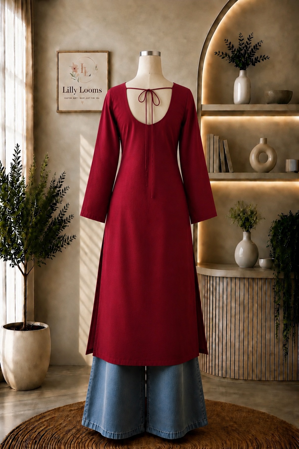 Solid Red Cotton Long Straight Kurti