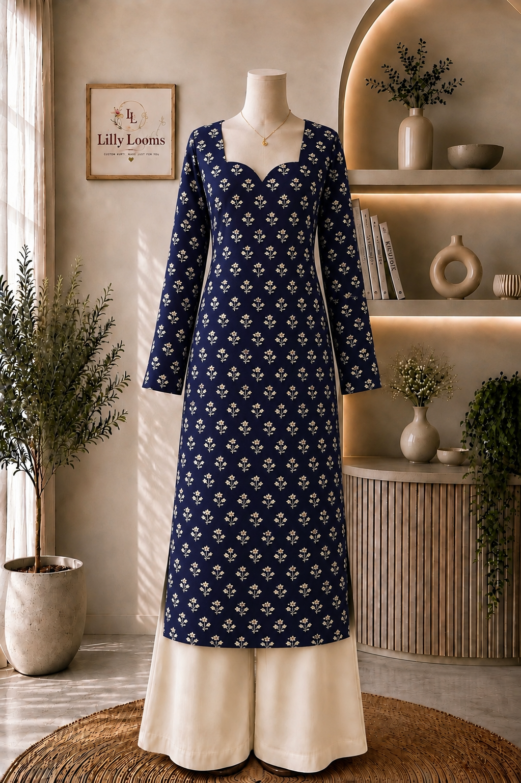 Navy Blue Cotton Long Straight Kurti