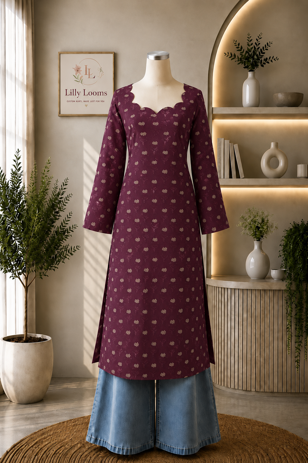 Wine Motif Cotton Long Straight Kurti