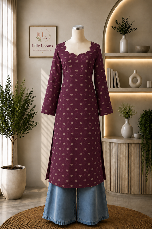Wine Motif Cotton Long Straight Kurti