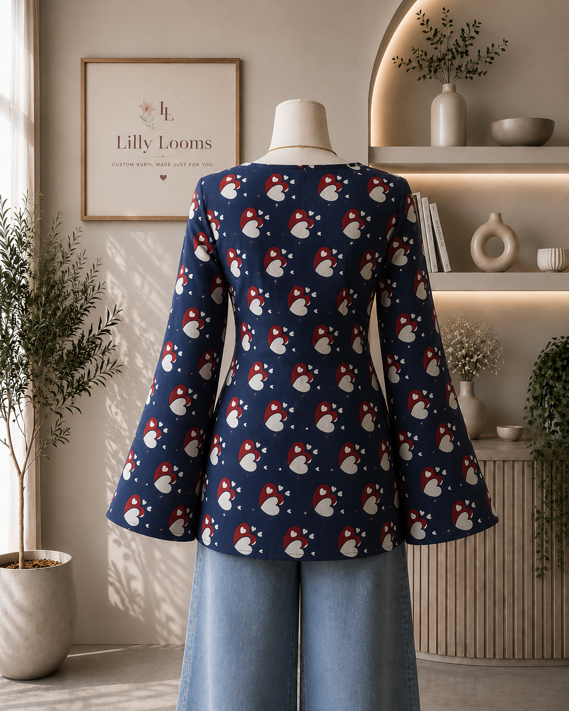 Blue Heart Printed Cotton Short Kurti