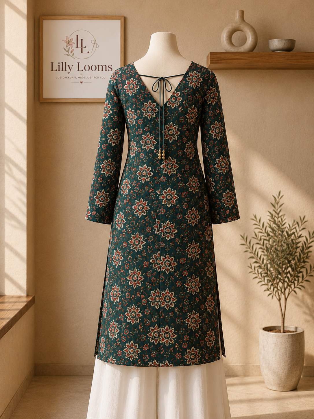 Green Floral Cotton Long Kurti