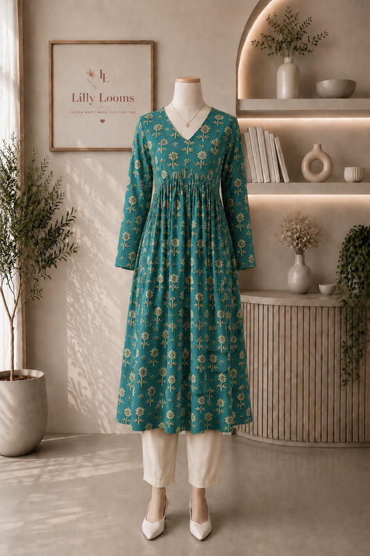 Green Cotton Alia Cut Kurti