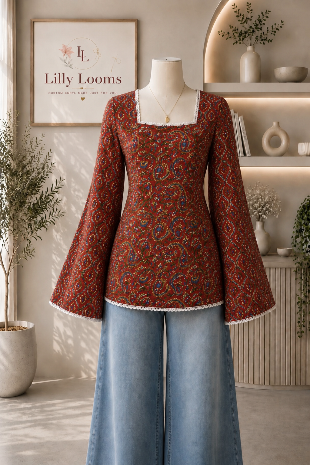 Deep Pink Cotton Short Kurti With Lace