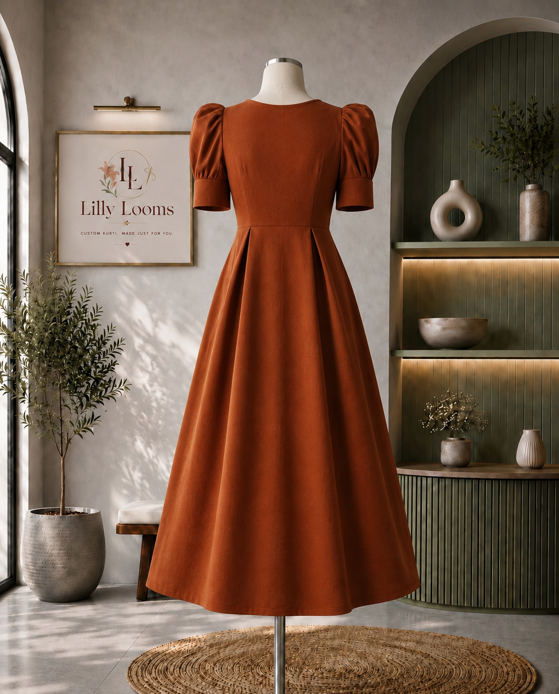 Rust Premium Cotton Flex Midi Dress