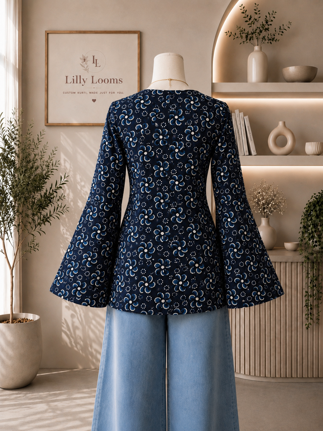 Deep Blue Floral Cotton Short Kurti