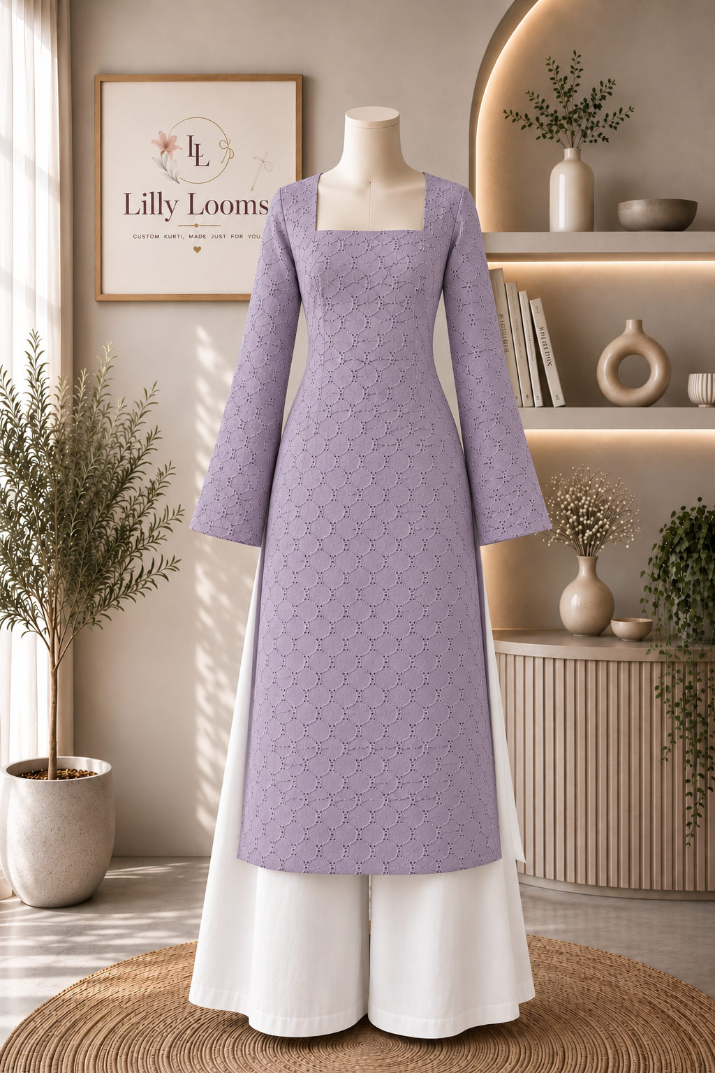 Lilac Cotton Hakoba Long Straight Kurti