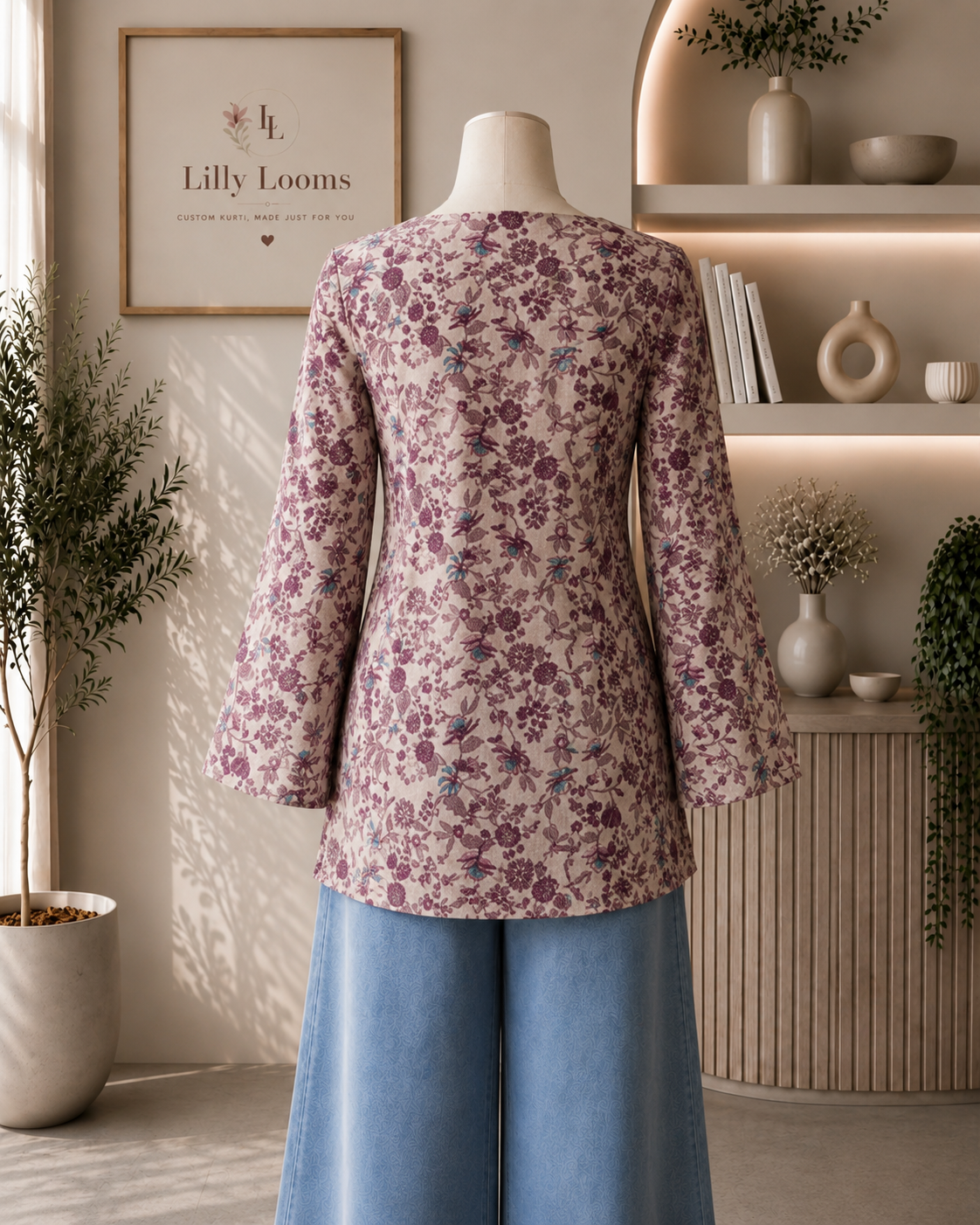 Mauve Floral Cotton Short Kurti