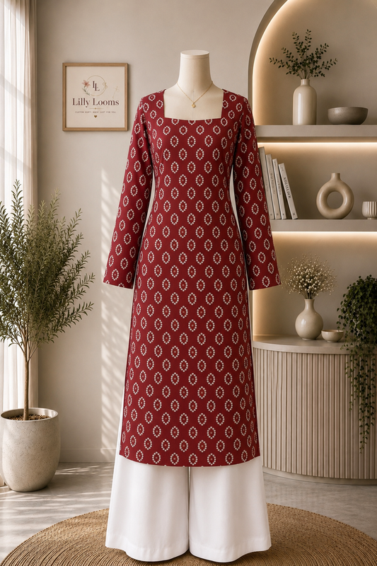 Rust Brown Bandhej Cotton Long Straight Kurti