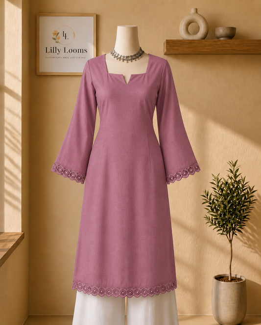 Mauve Pink Cotton Lace Long Kurti
