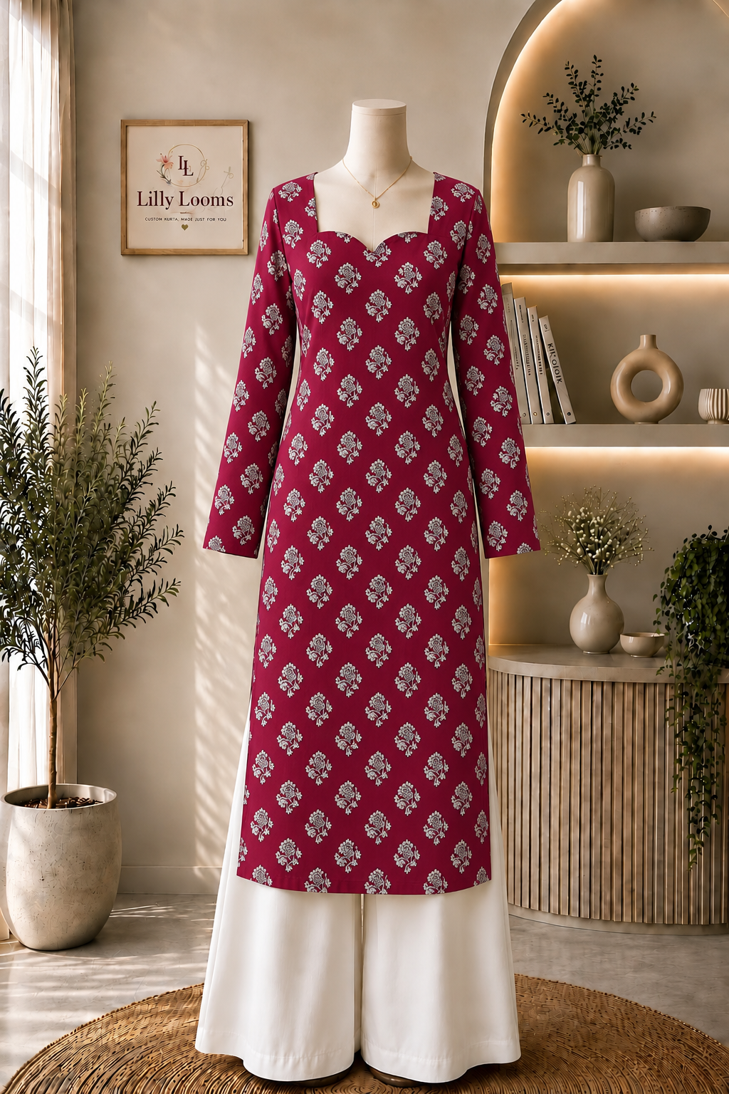 Deep Pink Cotton Long Straight Kurti