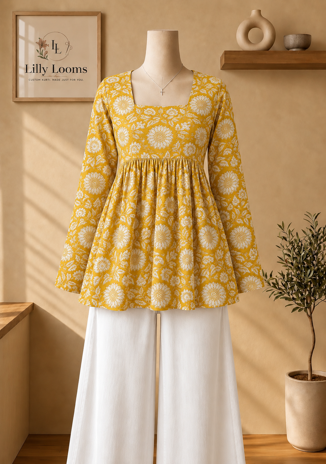 Yellow Floral Cotton Short Peplum Top
