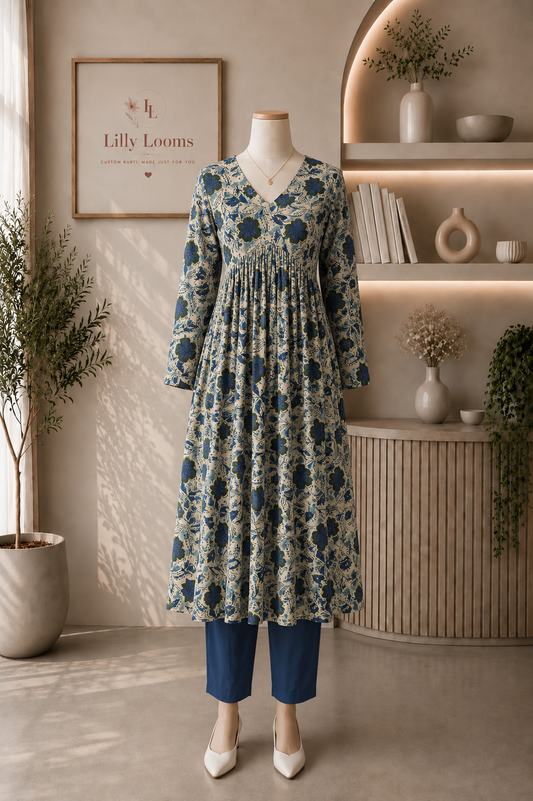 Azure Bloom Cotton Alia Cut Kurti