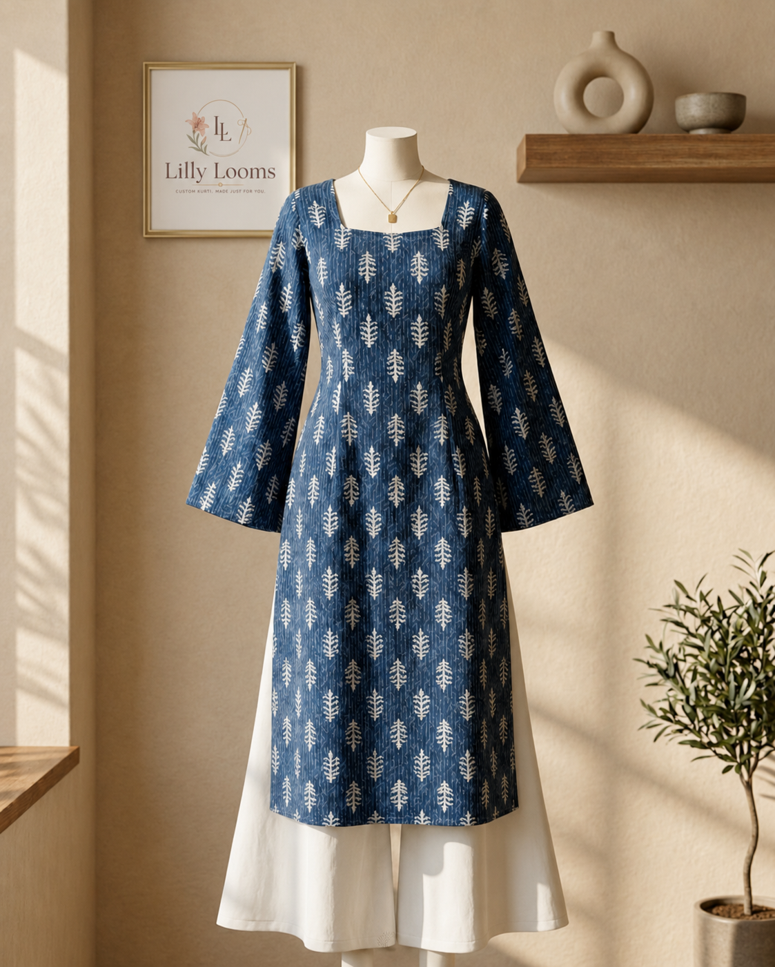 Blue Cotton Kantha Long Kurti