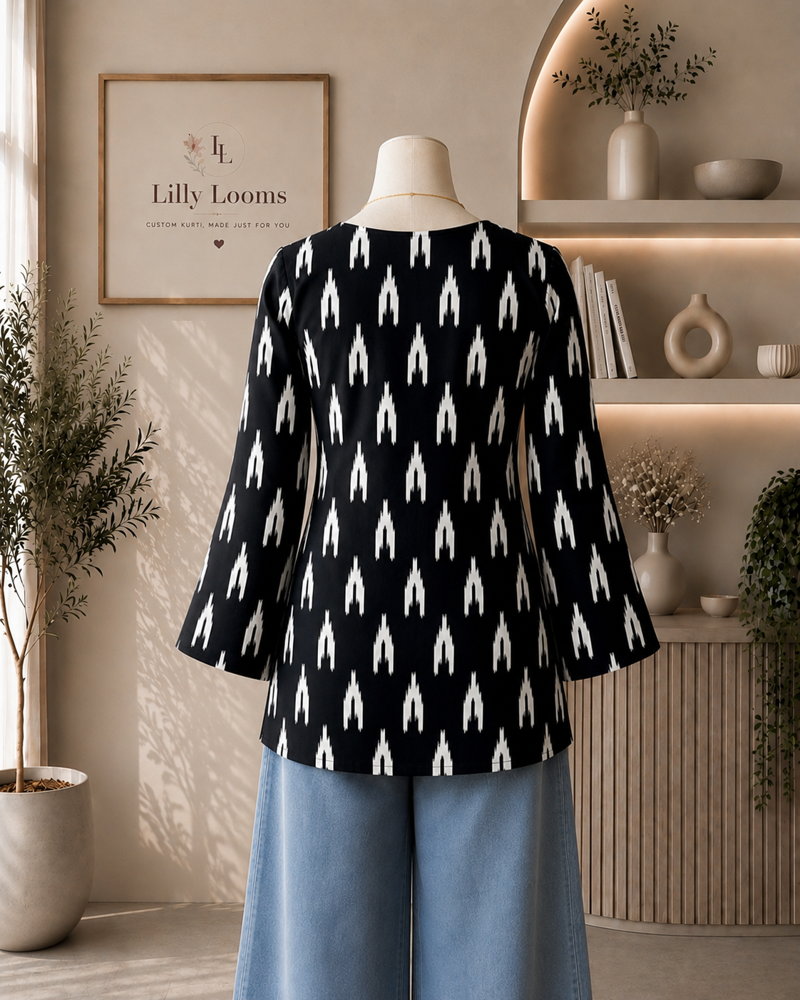 Black Ikkath Printed Cotton Short Kurti