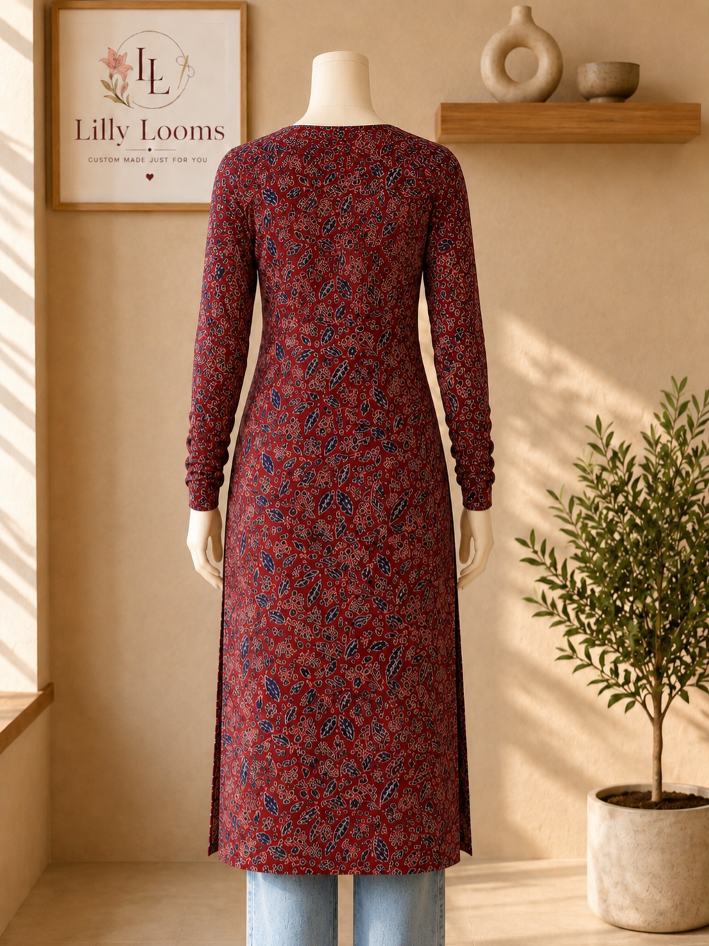 Maroon Floral Cotton Long Kurti
