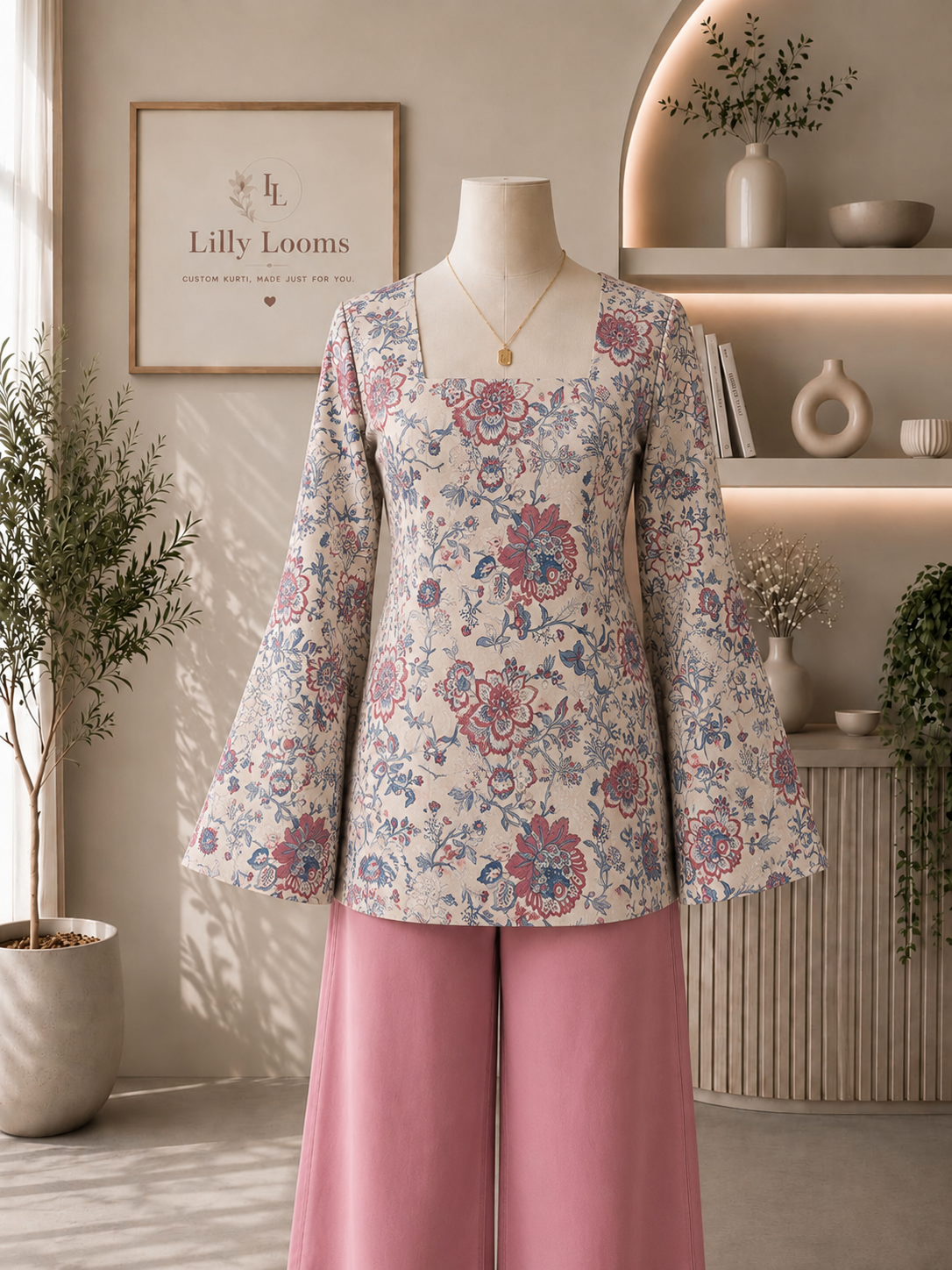 Beige Floral Khadi Cotton Short Kurti