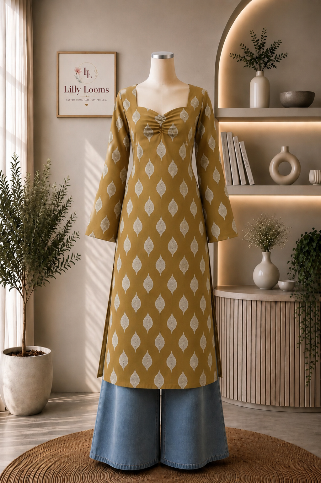Mustard Leaf Cotton Long Straight Kurti