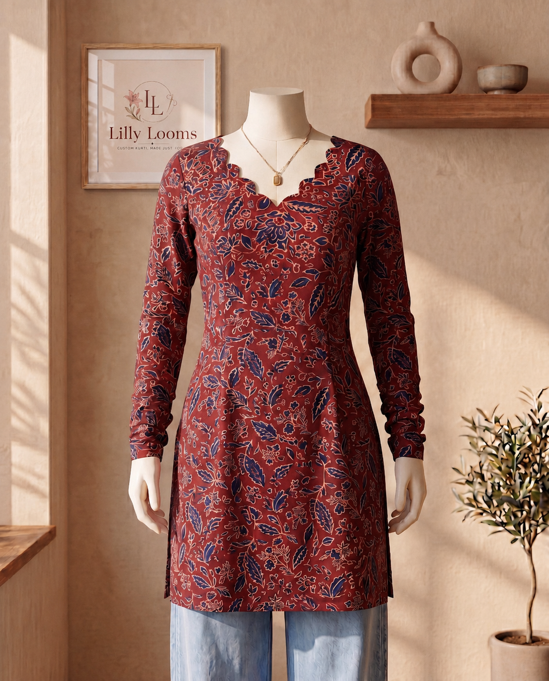 Red Kalamkari Cotton Short Kurti
