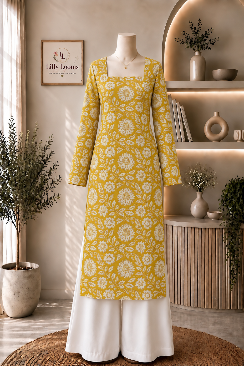 Yellow Floral Cotton Long Straight Kurti