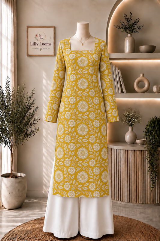 Yellow Floral Cotton Long Straight Kurti