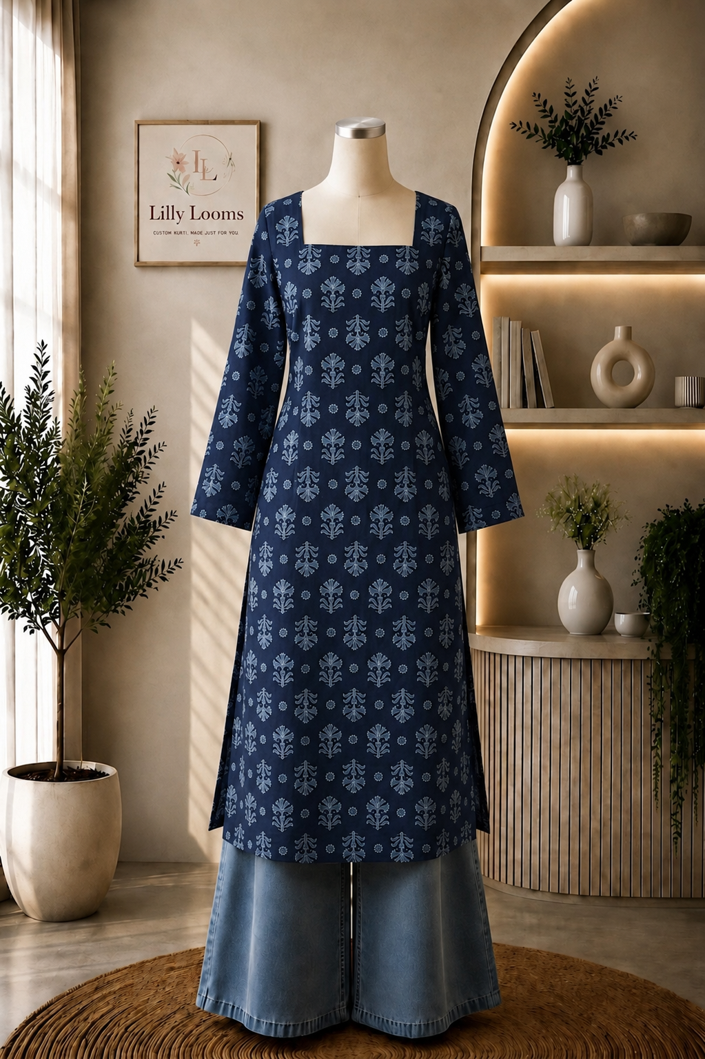 Navy Blue Printed Cotton Long Straight Kurti