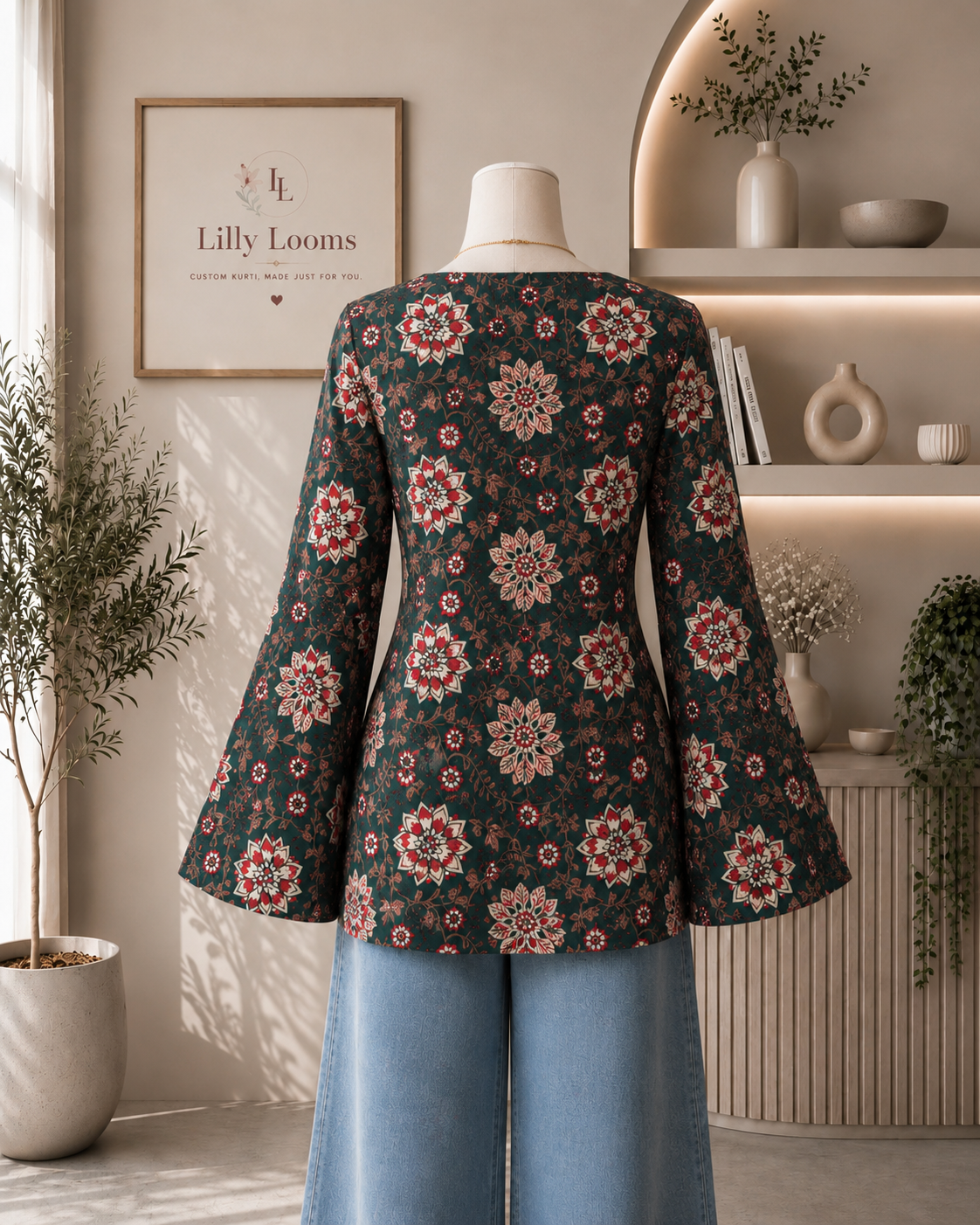 Green Floral Cotton Short Kurti