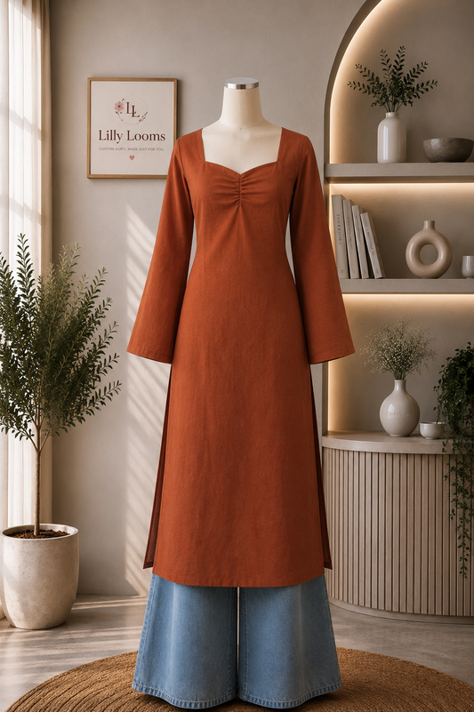 Solid Rust Cotton Long Straight Kurti