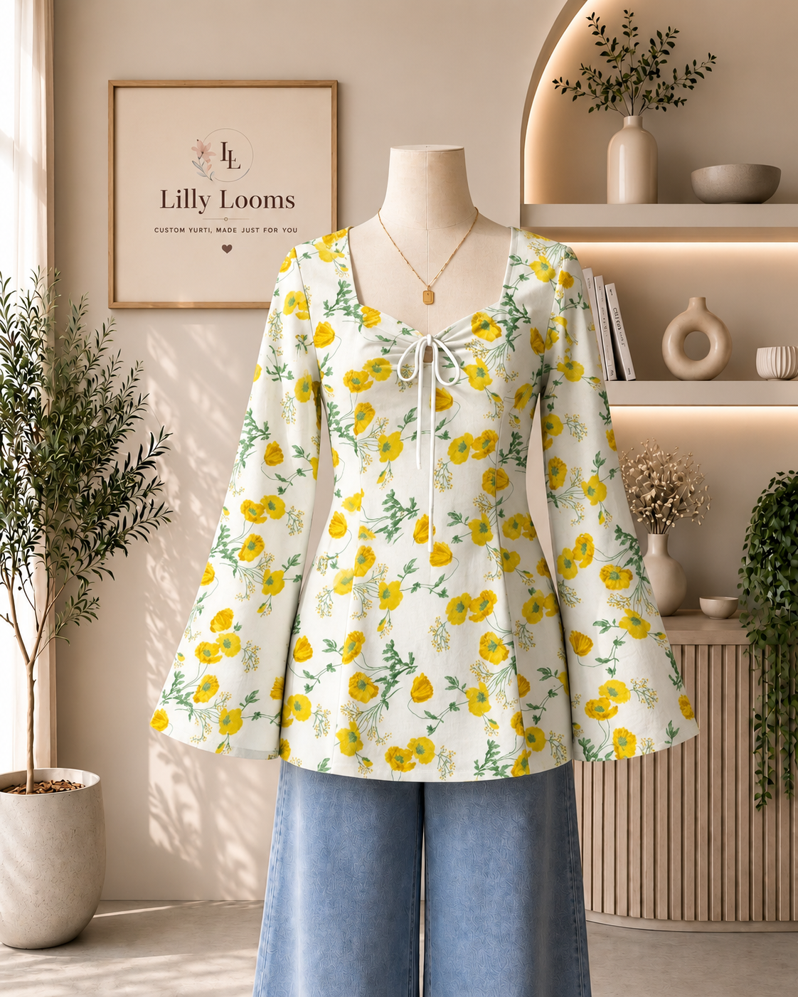 Off-White Floral Khadi Cotton Short Kurti With Corset Back