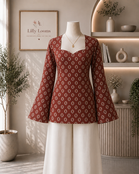 Rust Bandhej Cotton Short Kurti