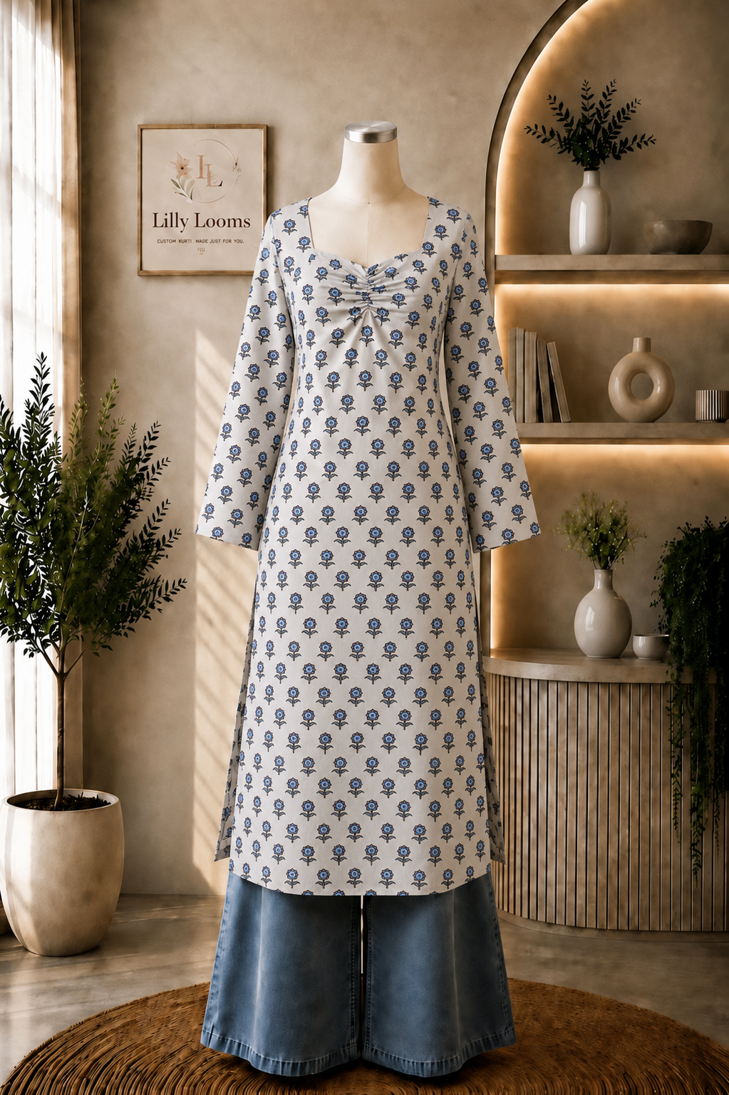 White Blue Small Floral Cotton Long Kurti