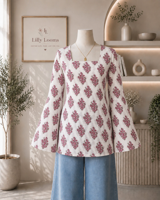 White Block Printed Cotton Short Kurti With Corset Back