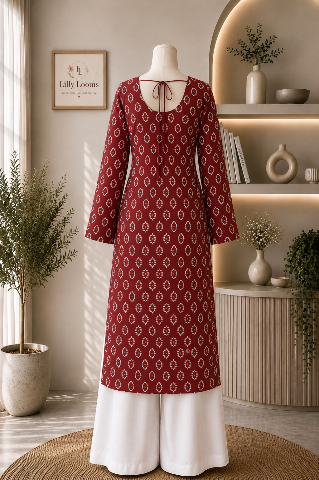 Rust Brown Bandhej Cotton Long Straight Kurti