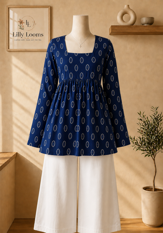 Deep Blue Bandhej Cotton Short Peplum Top