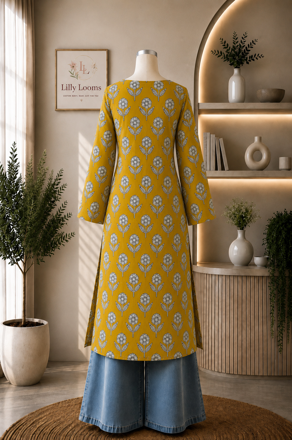 Mustard Cotton Long Straight Kurti