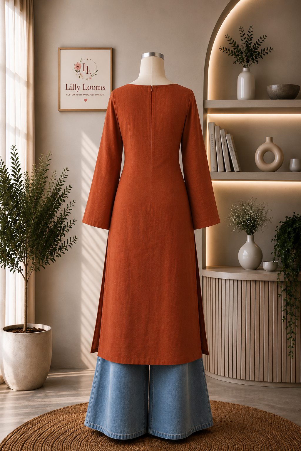 Solid Rust Cotton Long Straight Kurti