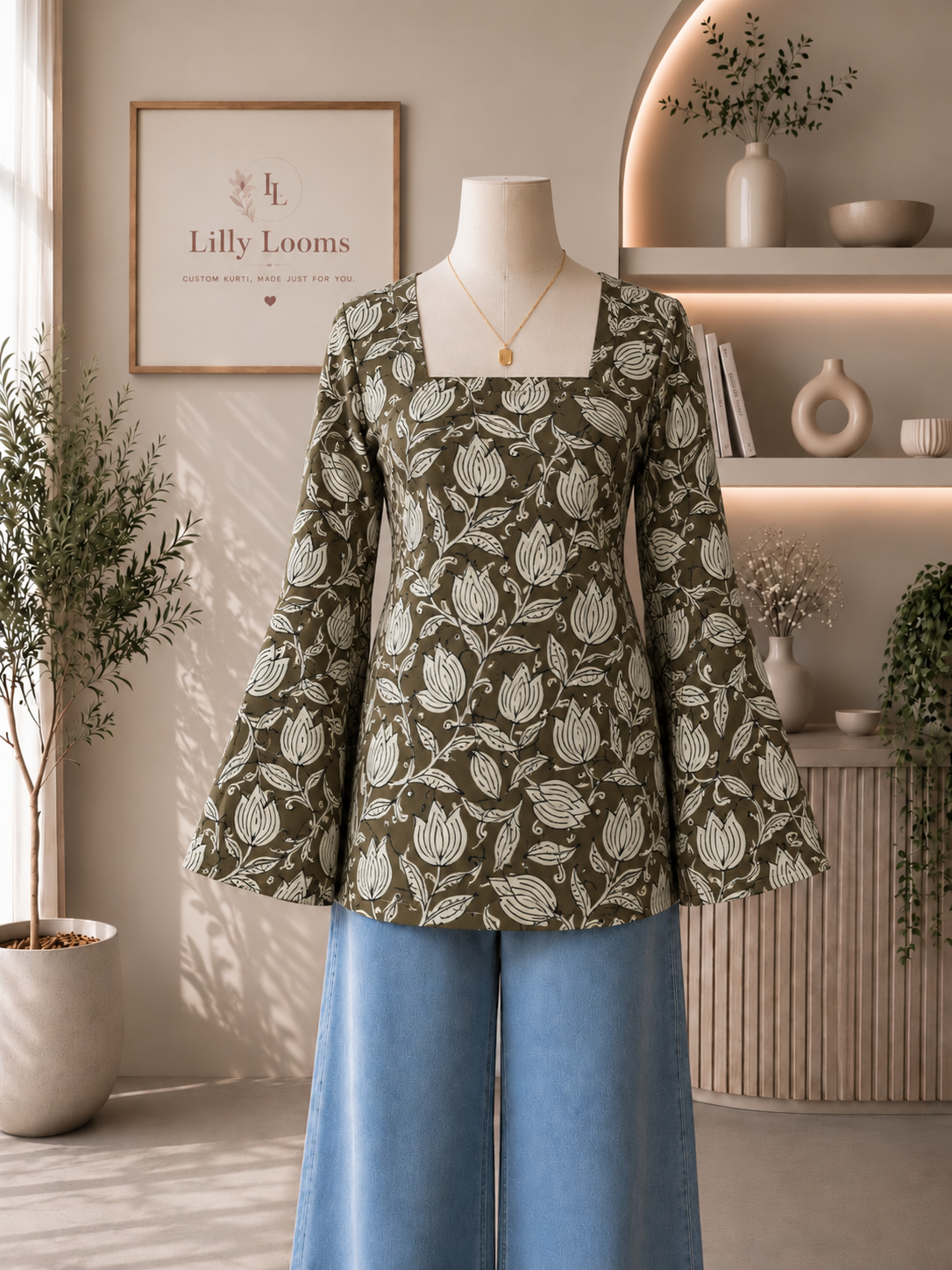 Olive Floral Cotton Short Kurti