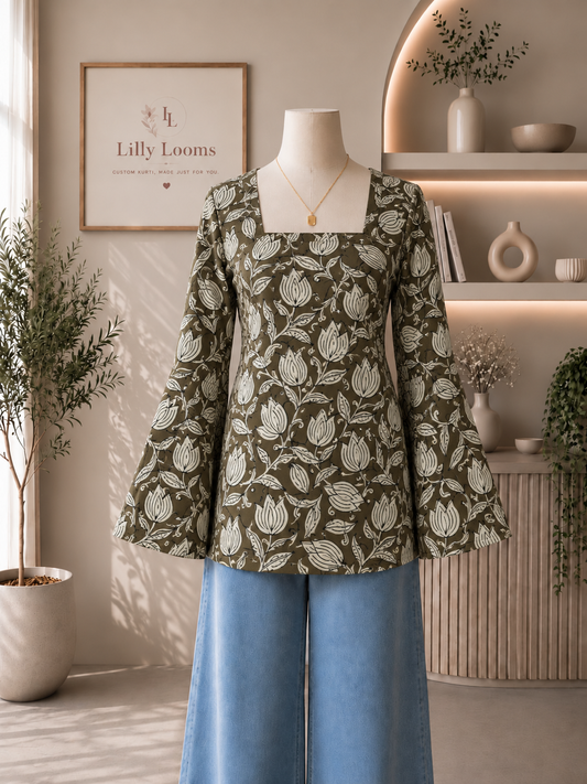 Olive Floral Cotton Short Kurti