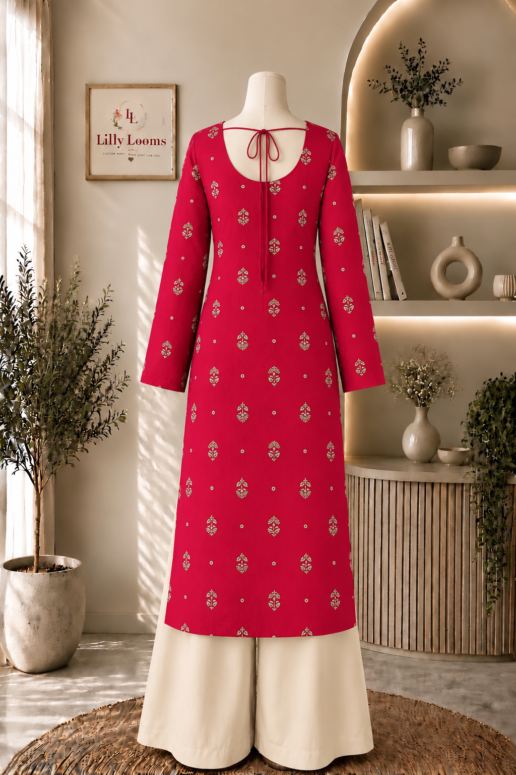 Rani Pink Chanderi Silk Long Straight Kurti With Lining