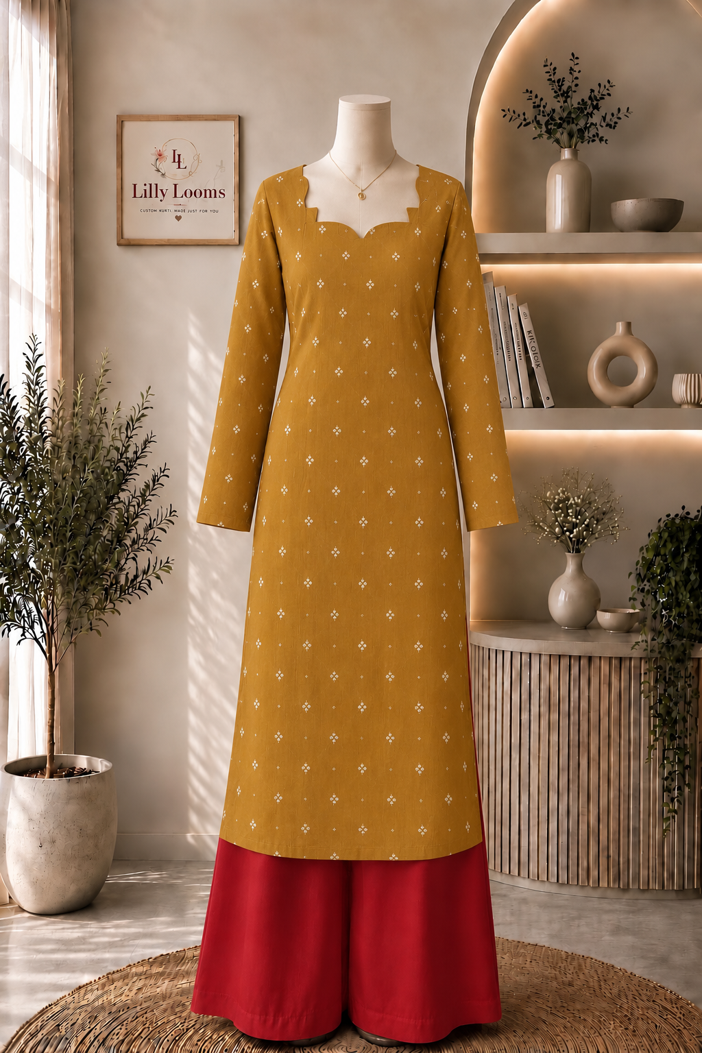 New Mustard Chanderi Silk Long Straight Kurti With Lining
