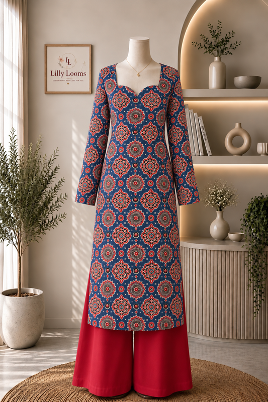 Blue Ajrakh Printed Cotton Long Kurti