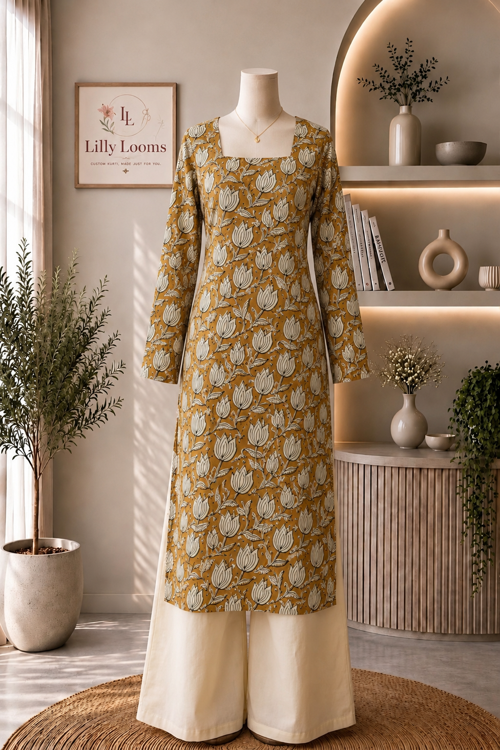 Mustard Floral Cotton Long Kurti