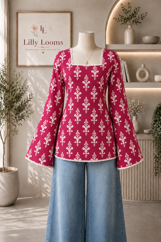 Deep Pink Cotton Short Kurti With Lace