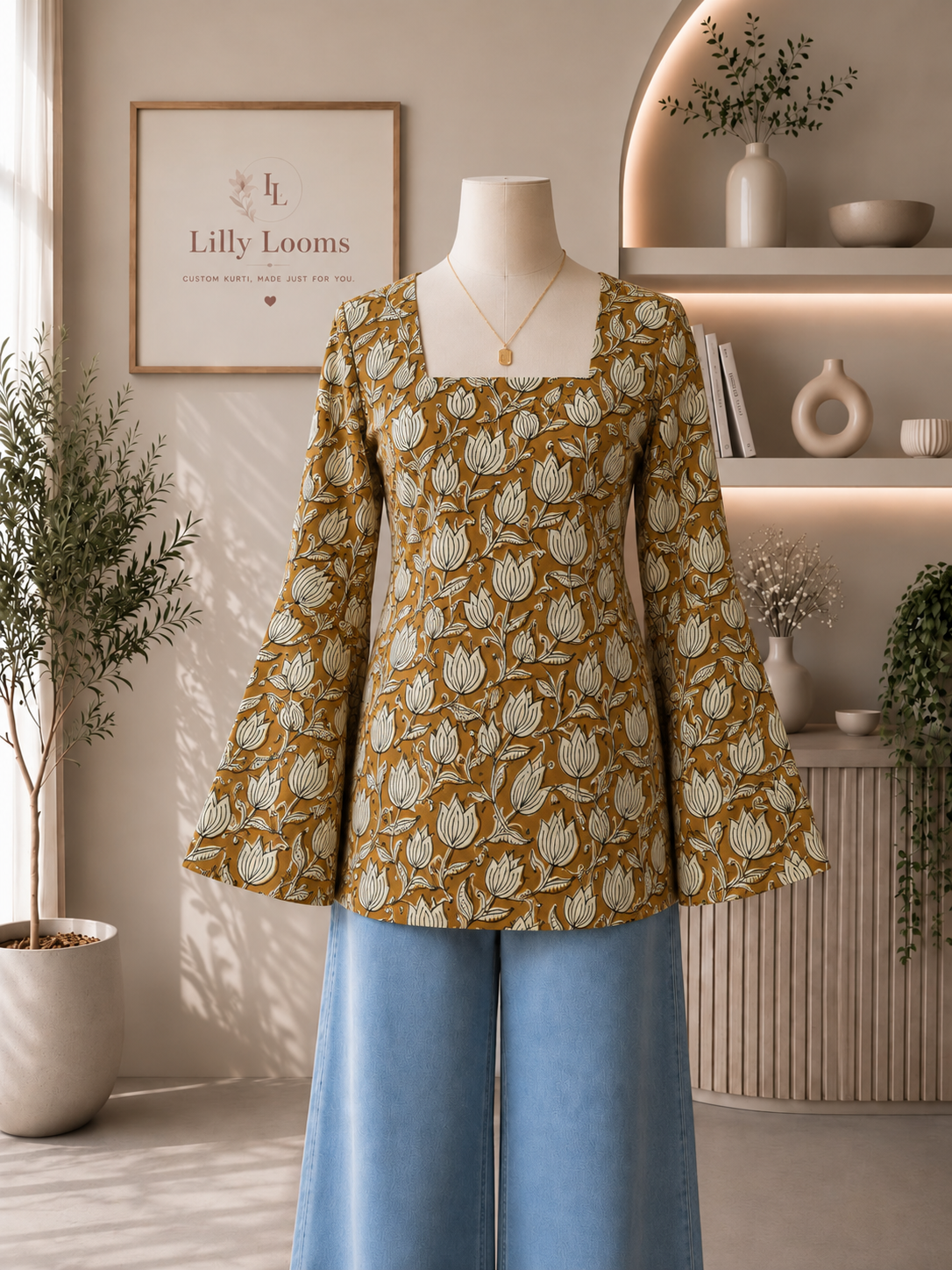 Mustard Floral Cotton Short Kurti