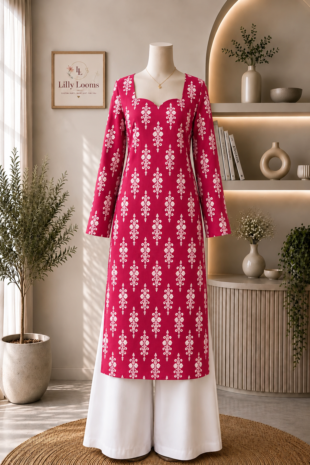 Hot Pink Cotton Long Straight Kurti